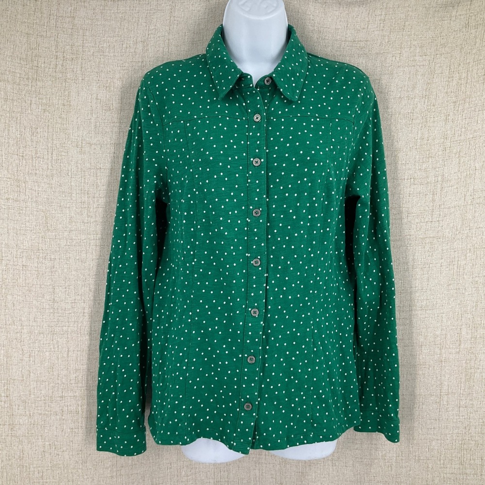 Boden Button Up Shirt Womens 8 Green Cotton Polka Dot Long Sleeve Preppy Classic